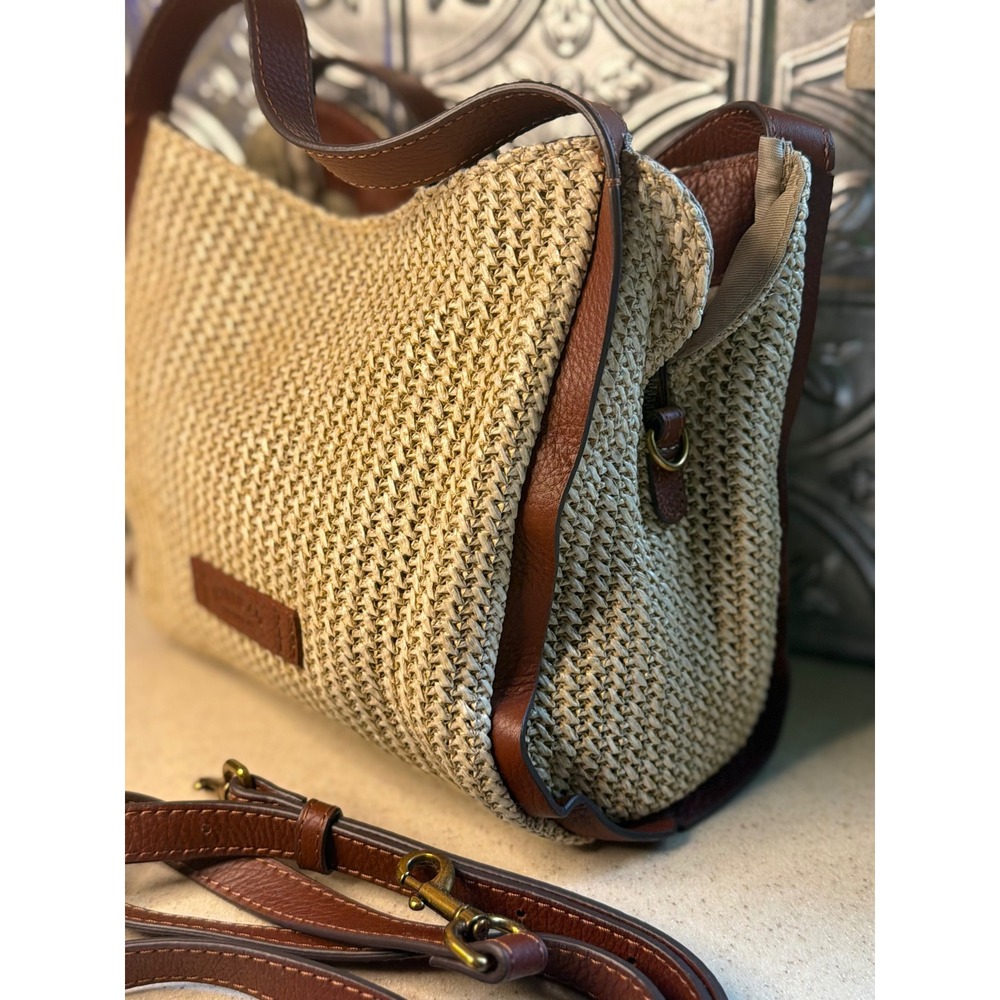 American Leather Co Bag Tan Woven Straw Leather Trim Satchel Crossbody Handbag - Picture 4 of 11